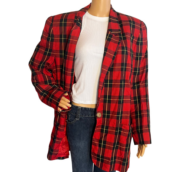 Vintage 90s Evan Picone Sport Red Tartan Plaid Blazer Size 14 - Picture 2 of 5